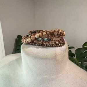 Lizou Paris Wrap‎ Leather Beaded Bracelet, Mixed Gemstones & Crystal